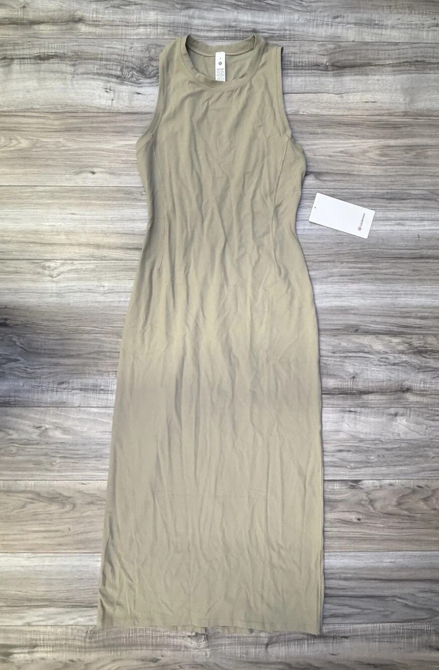 Lululemon All Aligned Ribbed Midi Dress Khaki Green Size 6 Nulu Stretch NEW